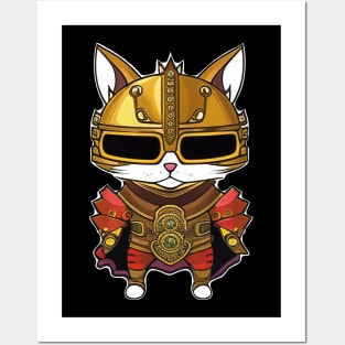 Whimsical Illustration of a Cat Knight in Colorful Armor Posters and Art